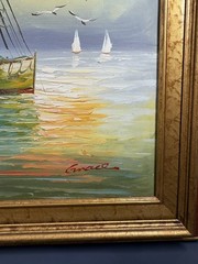 Original Oil Painting on Canvas Harbor Scene with Boats Signed Grace Framed