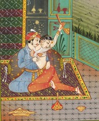 Indian Miniature Painting Of Mughal King & Queen in Love Scene Art 4.75×8 Inches