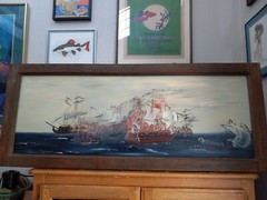 Vintage Beautiful Original Large Ocean Battleships at War Framed Oil Painting