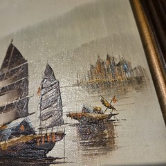 P. Wong Chinese Fishing Junk Boats Oil on Canvas Painting Nautical Brass Frame