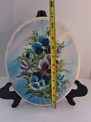 Lovely Vtg Pansy/Floral Oil Paintings Pair on Oval Shaped Wood; 2 Pc;Artist Sign