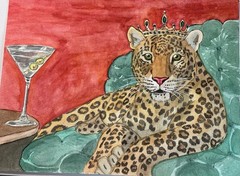 9×12 Watercolor Painting Leopard Lounging With A Martini by ginabeanscope