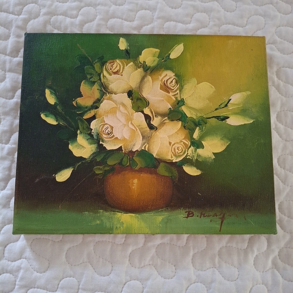 Vintage Yellow Roses Flower Oil Canvas 8X10 Signed Original Cottagecore Grandma