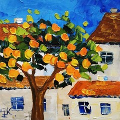 Orange trees in Portugal Painting Original Art Impasto Oil Painting 3D Art 6×6″