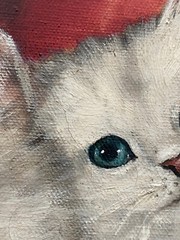 Janet Holmes Antique 1930s Deco Cat Kitten Pansy Flower Wagon Portrait Painting