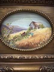 Vintage Pastoral Landscape Barn 2 Girls Oil Painting Beautiful GiltWood Frame
