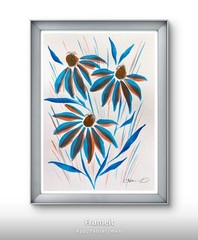 Original Blue Orange Daisies Painting by Alannah Dyer- Art 5×7 in. Flowers