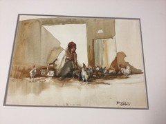 Patrick Cahill Irish Artist Watercolor “Woman Feeding Chickens“