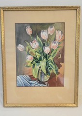 Vtg Tulips Painting Watercolor Paper B.Voss Signed*Dated 1948* Framed 12 x13 Gvc