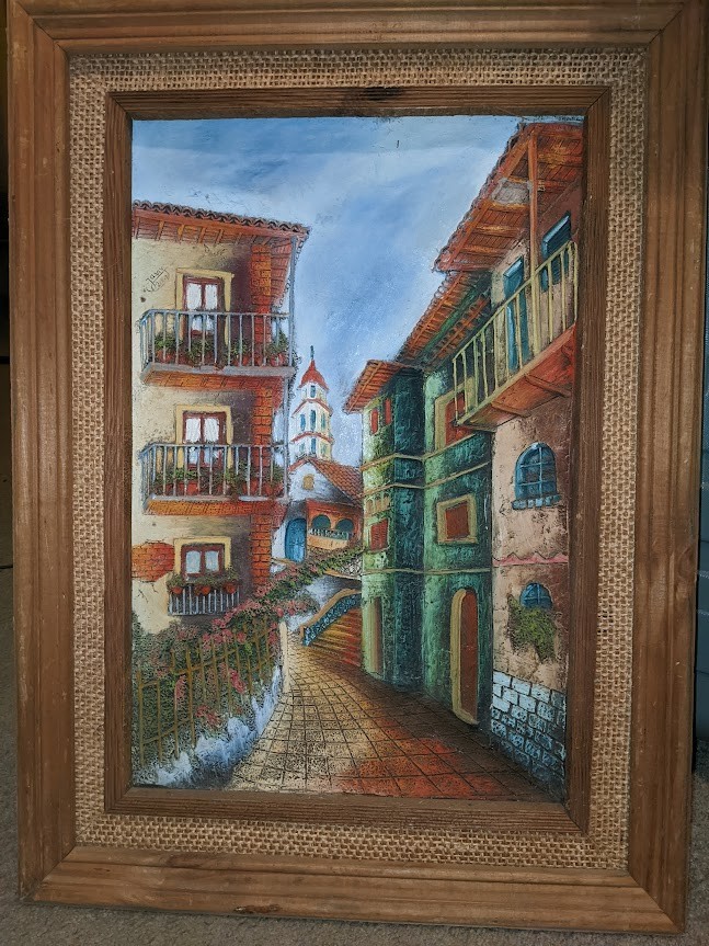 Original Oil Painting “Colorful Colonial Street Scene” Signed Javis (2001)