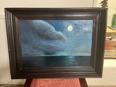 Original Oil Painting Nocturne Moonlight Seascape Ocean in Vintage Frame