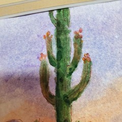 Original Watercolor Painting Arizona Landscape Saguaro Cactus And Mountains