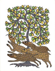 Deer Mischief | Gond Painting I Handmade Miniature Painting | Handmade Paper