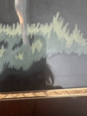 Vintage Mid-Century Modern Hand-Painted Silk Deer Painting 1950s MCM Gold Frame