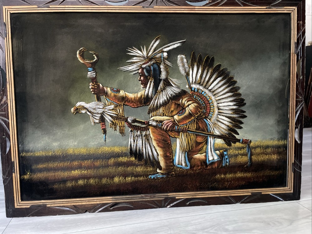 ORIG ENESTO SANCHEZ PAINTING INDIAN CHIEF ON A Hunt ACRYLIC ON VELVET 27X39.5