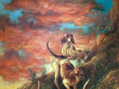 Hunting Dogs Tracking Game over Terrain w/ Red Sky Oil on Canvas Gold Gilt Frame