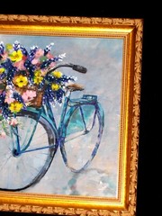ORIGINAL Royal Pink Yellow Bluebonnet Floral Bouquet Basket Bicycle Oil Board Vt