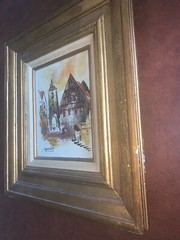 Adrian Marchello Painting Village Scene Oil on Canvas Wide Gold Frame Vintage