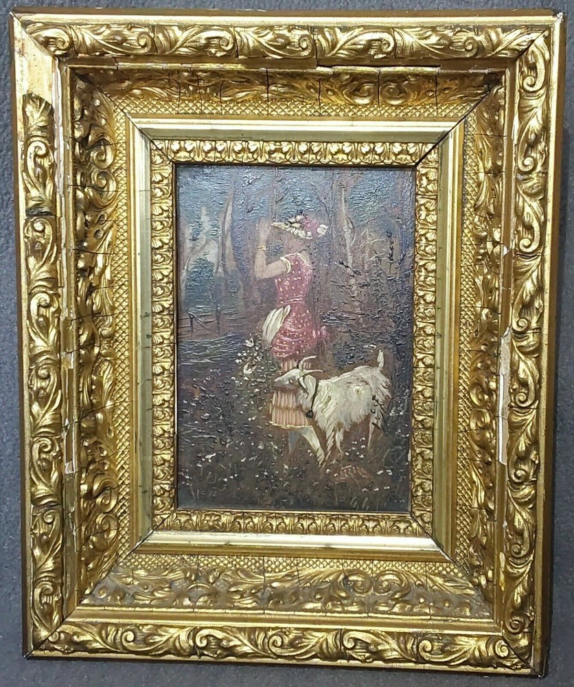 Vtg Mini OIL PAINTING on Wood Carved Wood Gold Frame Goat & Female Germany