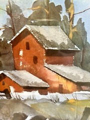 ORIGINAL MCM WATERCOLOR Barn in The Rain SIGNED KRONISH 18×15″ FRAMED EUC