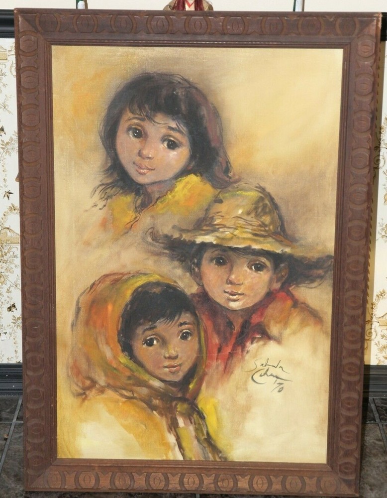 Salvador Cabrera Filipino O/C Painting Big Eyed Philippines Children LARGE!