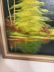 Vintage 1980s Original Art Oil Painting Cabin in Woods Landscape Water Signed