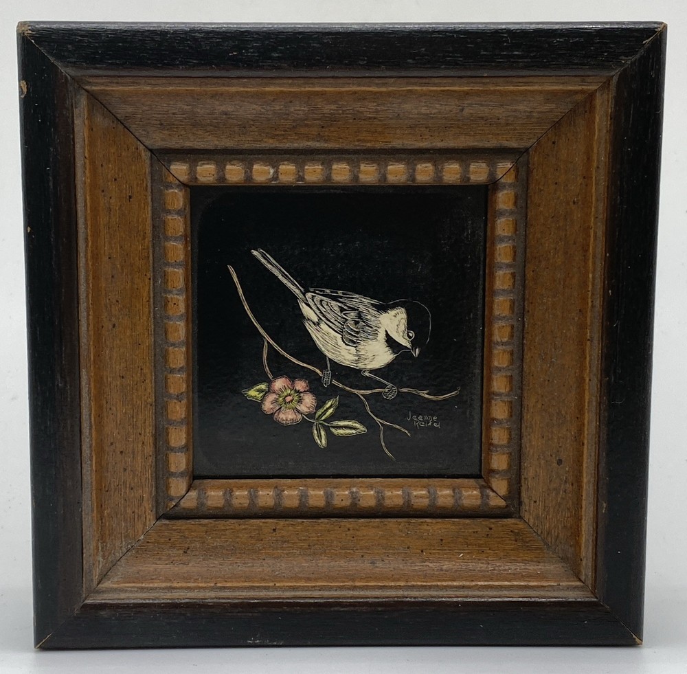 Jeanne Reifel Signed Scratch Board Black White Bird & Pink Flower Miniature. 21