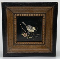 Jeanne Reifel Signed Scratch Board Black White Bird & Pink Flower Miniature. 21