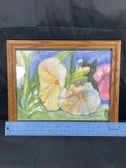 Original Watercolor Painting Black Cat With Flowers Signed Framed READ