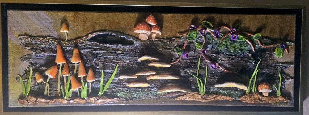 Original 3D Woodland Mushroom Wall Art Mixed Media Log Sculpture Signed…