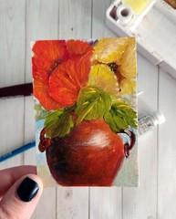 Original ACEO Pot Of Poppies Oil Painting, OOAK, Signed & Dated, Rose Petal Art