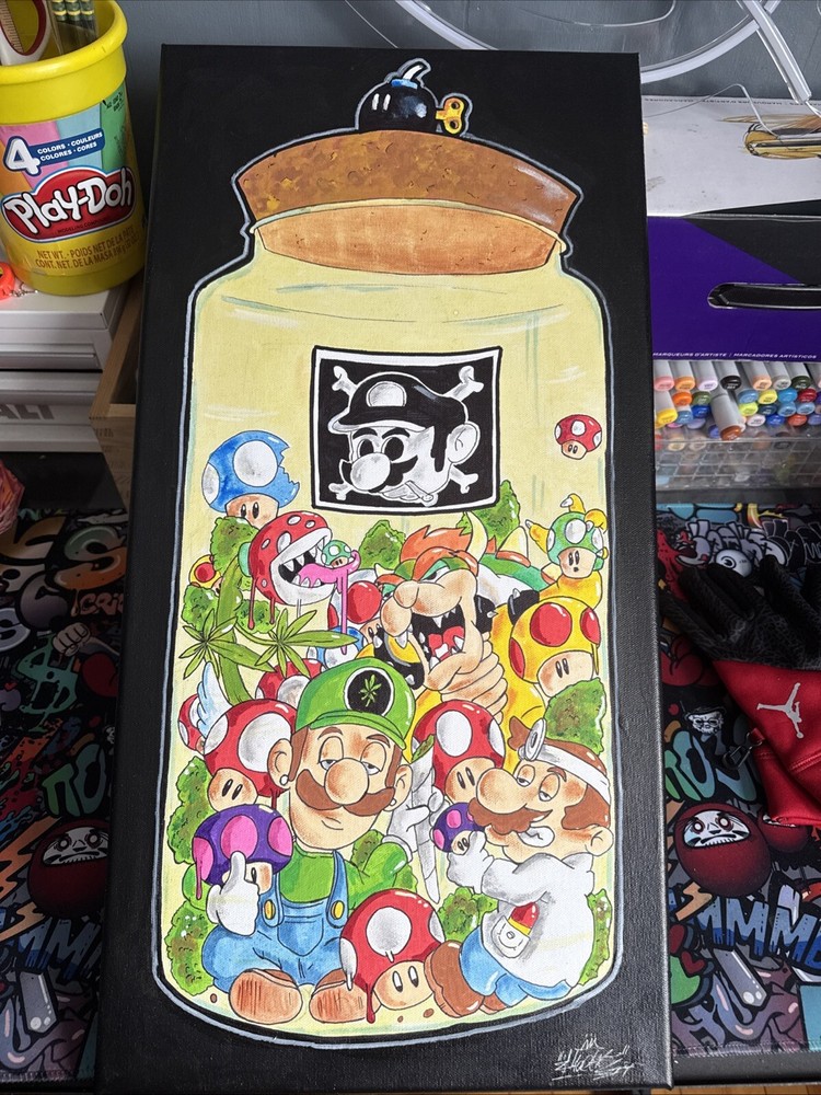 12 X 24 Inch Dr Mario Glow Acrylic Painted Canvas Shortiez Ink Luigi