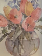 2 Rosalind Oesterle Watercolor Flowers Pansies & Tulip Floral Bouquet Painting