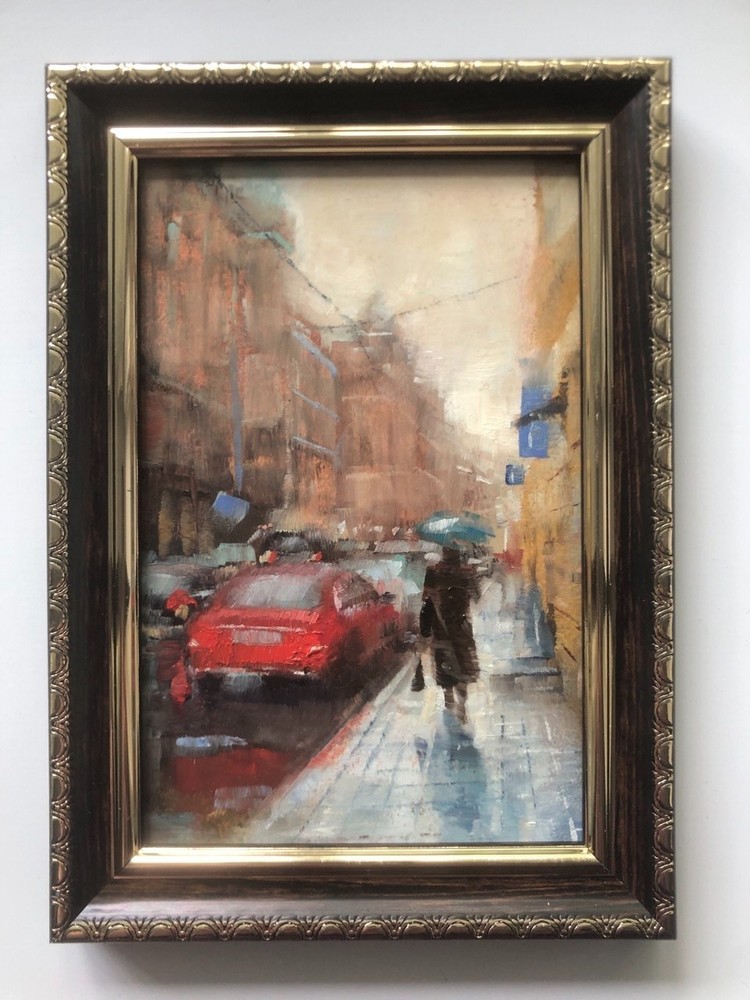 Original Oil Painting in Frame Rain Street Cityscape 6х4 in Miniature