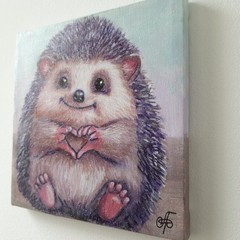 Original Acrylic Painting Cute Hedgehog Heart Love Small Hand Painted Canvas Art