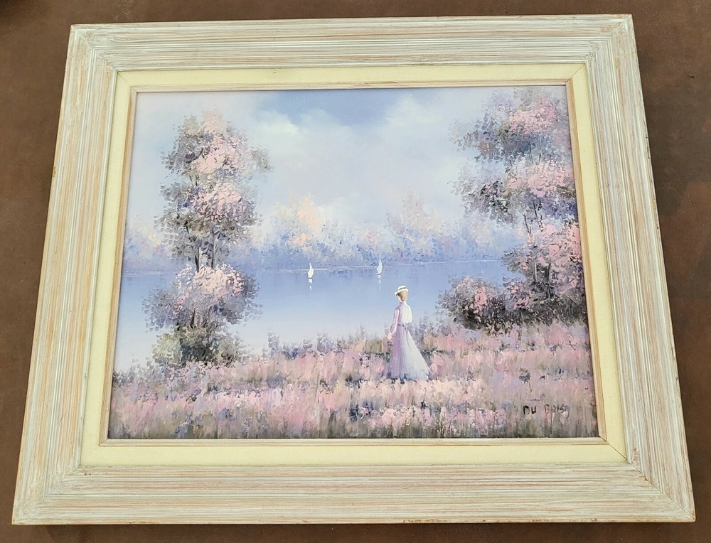 PIERRE DU BOIS EXQUISITE ART VINTAGE OIL PAINTING Lady by Water Woman Landscape
