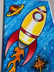 Original Watercolor Sci Fi Retro Rocket Painting ~ Art by Kev G