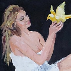 YARY DLUHOS Beach Woman Girl Female Figure Yellow Bird Original Art Oil Painting