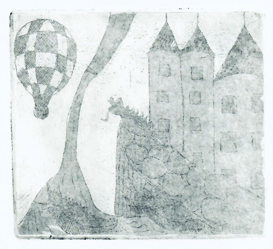 Mystical Castle on a Hill with Balloon 10″ Surreal Vintage Etching Medieval Art