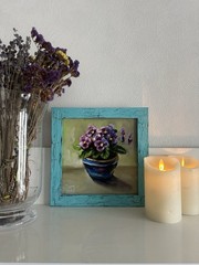 original oil painting still life 20х20cm Semi-abstract violets plant In a pot