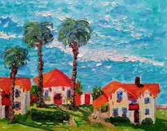 Impressive Oil Painting. Village by the Ocean. Original. Signed. Handmade Art