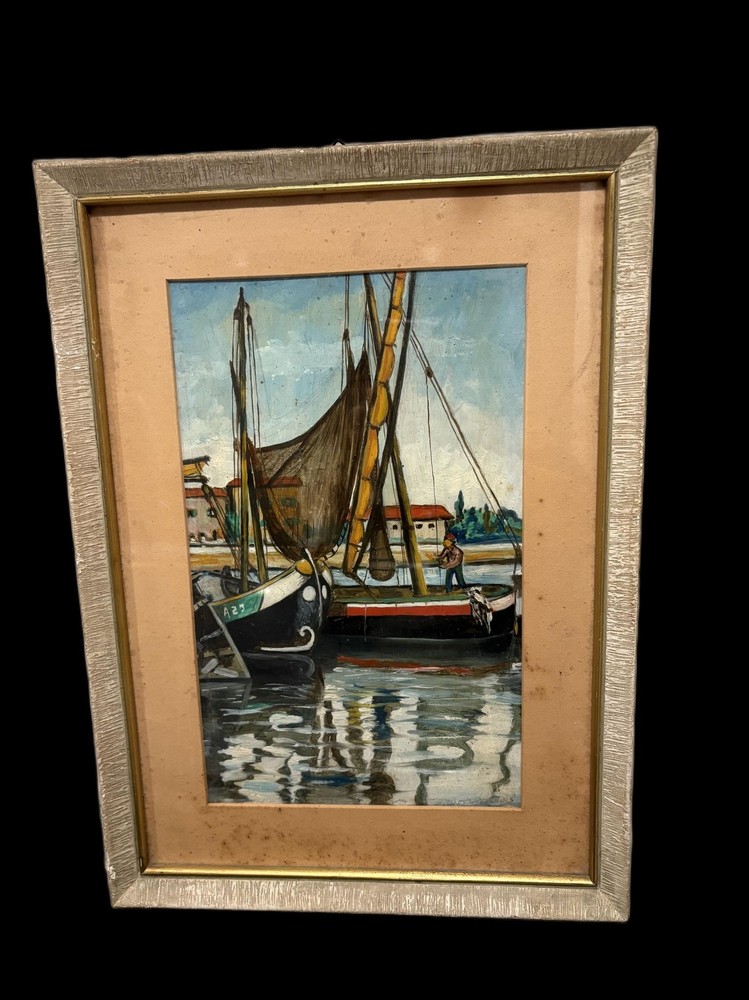 Vintage Italian Harbor Scene | Original Oil Painting on Board – Mid-Century Art