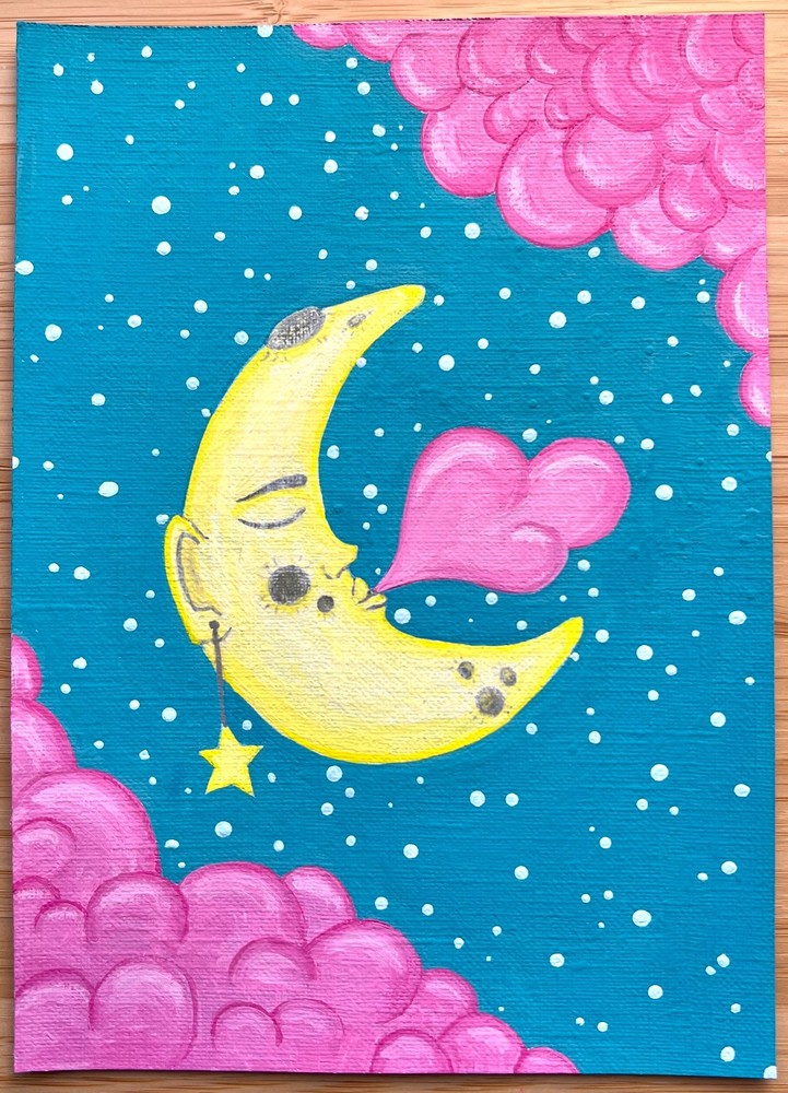 Gouache Original Painting | Bubblegum Dreams | Moon Art | 5 x 7 inch