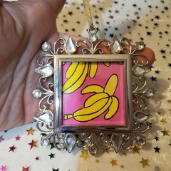 Handpainted Mini Banana Painting In Jeweled Frame Hanging By Twine