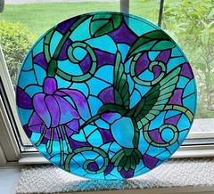 HUMMINGBIRD with Fuchsia Flower Reverse Painted Art Glass Plate 14”