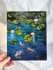 Koi Fish Original Acrylic Painting Landscape Fish in the Pond Wall Art 8 x 10 in