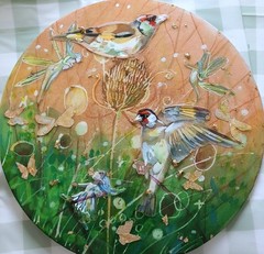 Kay Dawson watercolours 30cm Goldfinches Canvas with Resin