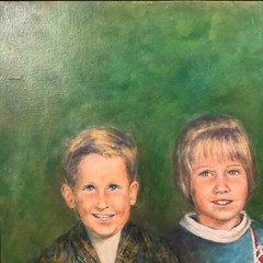Antique Framed Original Portrait Oil on Board „Belgian Siblings“, By Schumacher