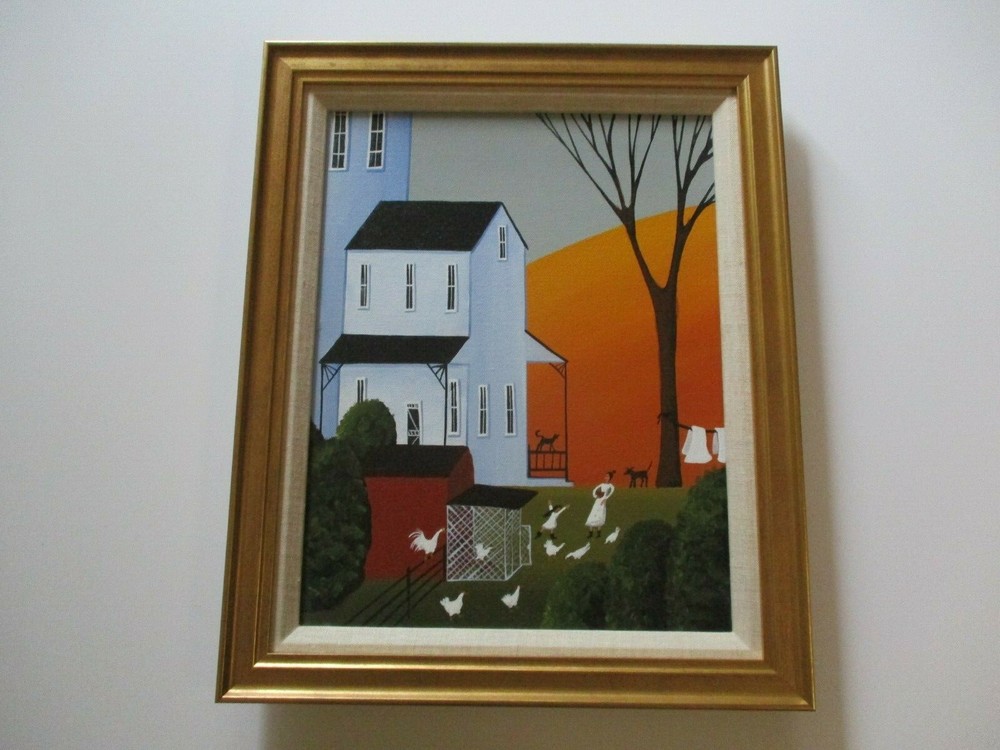 AMERICAN FOLK ART PAINTING WHIMSICAL ESTATE COUNTRY LANDSCAPE CHARMING LISTED