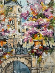 Paris Original Art Cityscape Wall Art France Oil Pastels Art City Artwork Bridge